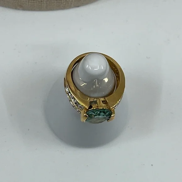 Vintage 925 Gold Overlay Sterling Silver Green Gemstone Ring, Size 4.75 - Picture 9 of 17